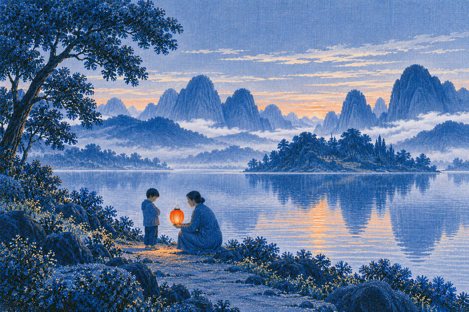 On a lakeside path at dusk, an adult crouches down to a small child’s eye level. A red lantern glows between them, and the mountains are reflected in the water.