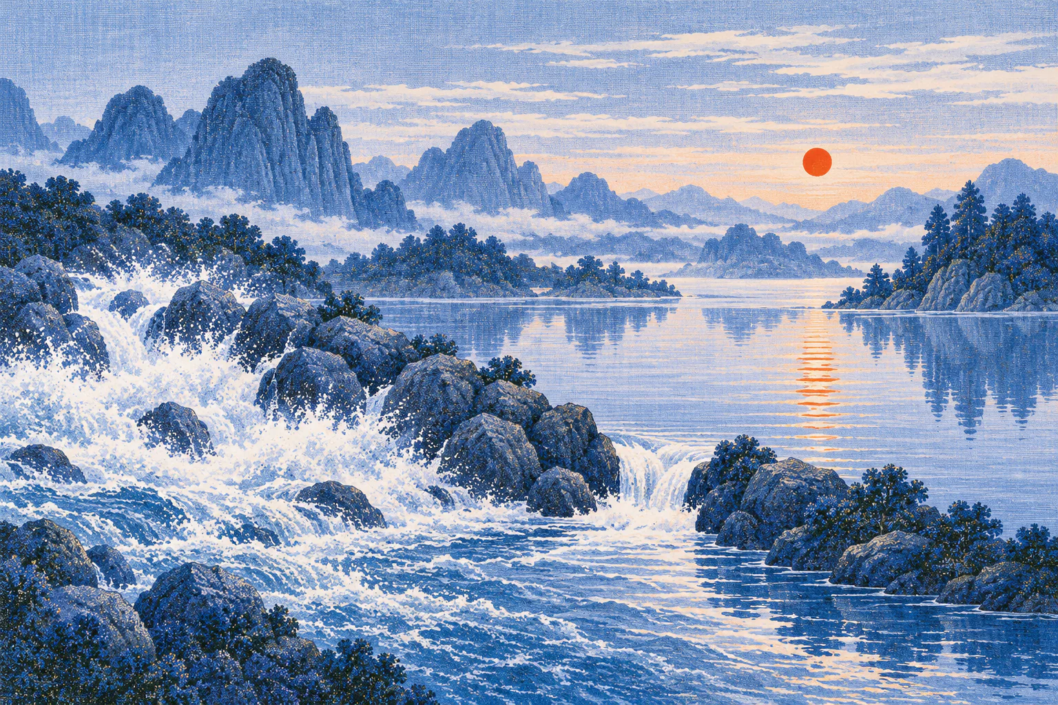 A mountain river crashes against boulders, churning and foaming. Past the rocks, the same water flows calmly into a smooth lake that reflects the red sun.