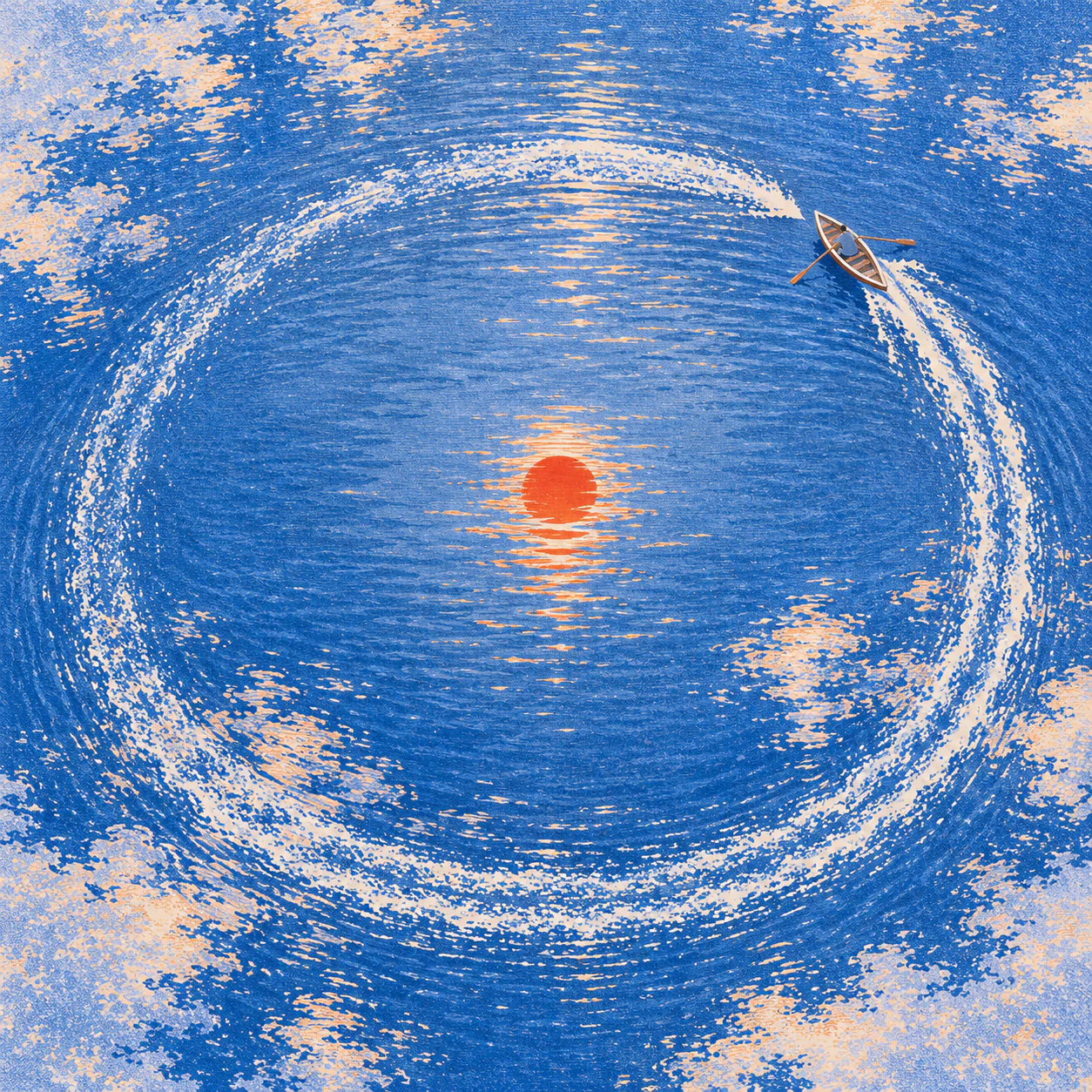A bird’s-eye view of a dark blue lake. A small boat has traced an almost perfect circle, and its wake is about to meet the starting point. The red sun is reflected in the middle of the circle.