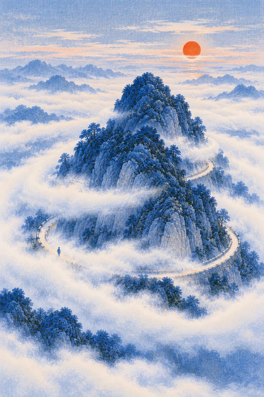 A narrow path circles a mountain and comes back to the same spot. Thick white fog swirls in rings. A small figure disappears into the fog, with a red sun shining above.
