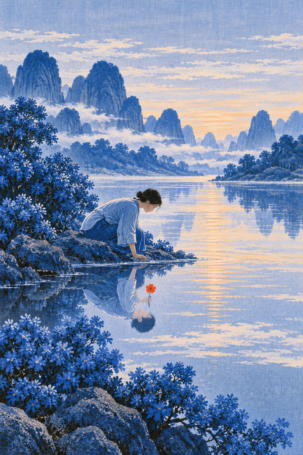 A figure kneels by a smooth lake and looks at their reflection. The reflection in the water holds a red flower that the figure above the water does not have.