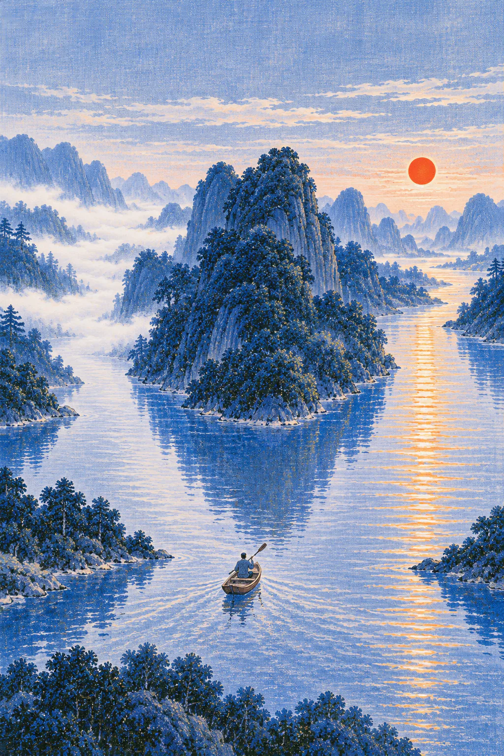 A wide river splits into two branches around a dark, wooded island. A boat heads toward the fork, and the rower holds the oar raised.