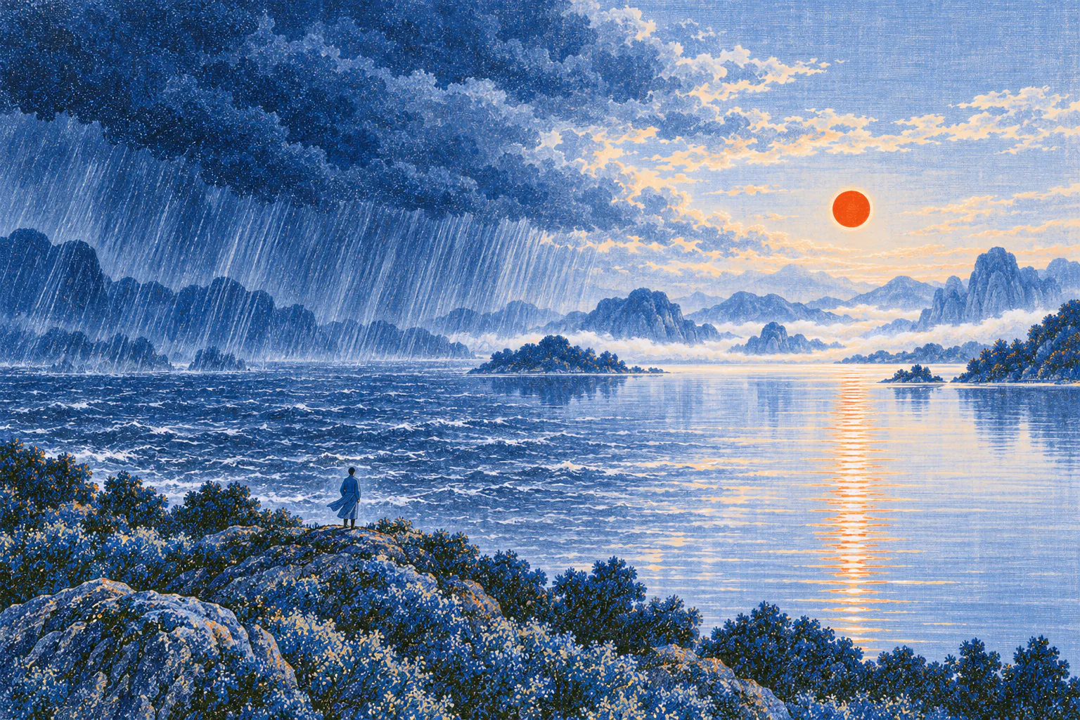 A lake panorama. On the left, a wall of storm clouds and slanting curtains of rain. On the right, beyond the thinning clouds, a calm red sun. A small figure stands on a hill and watches the storm pass.