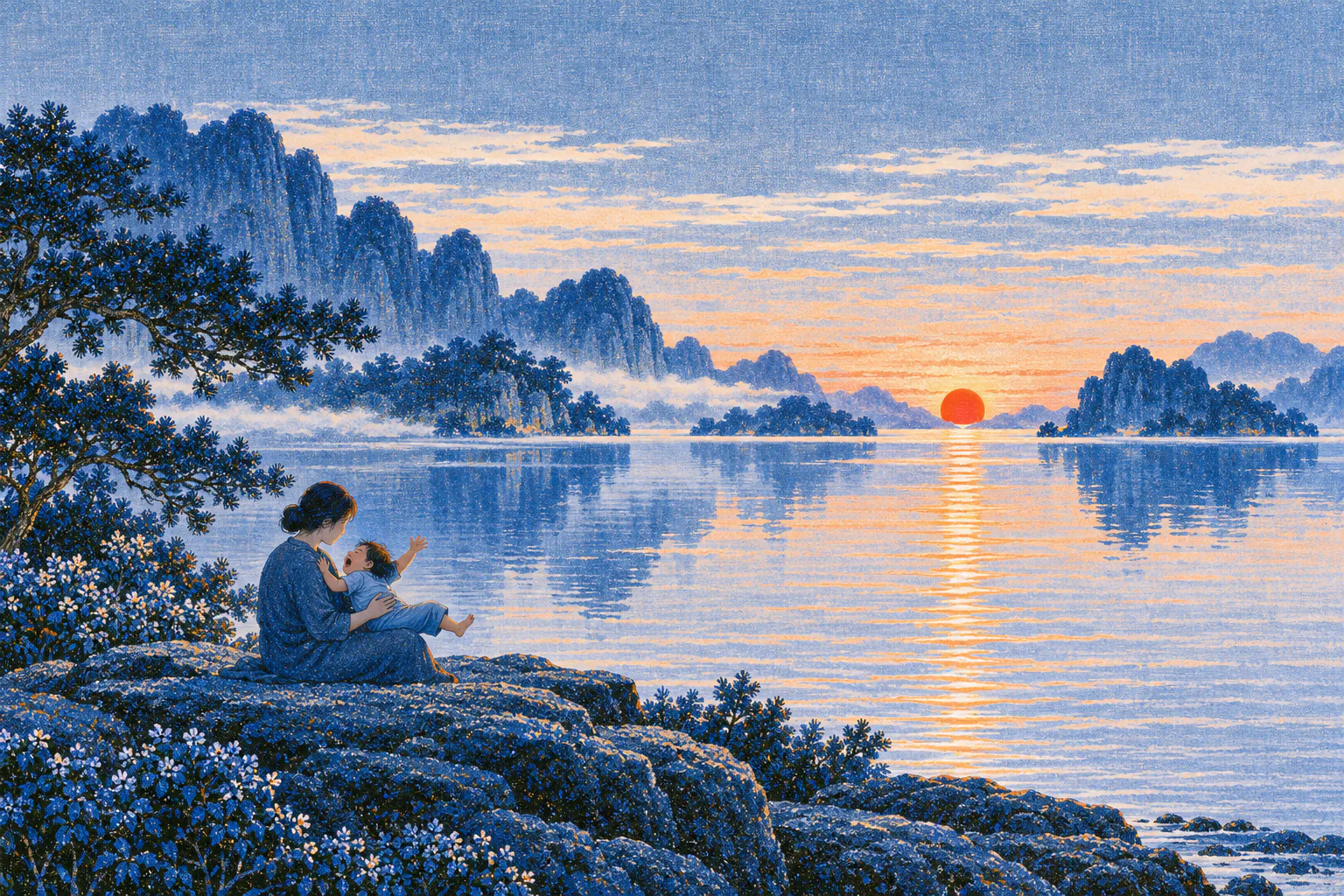 At dusk, on a flat stone by the water, a parent holds a crying, squirming small child on their lap. The parent is calm. The red sun touches the horizon.