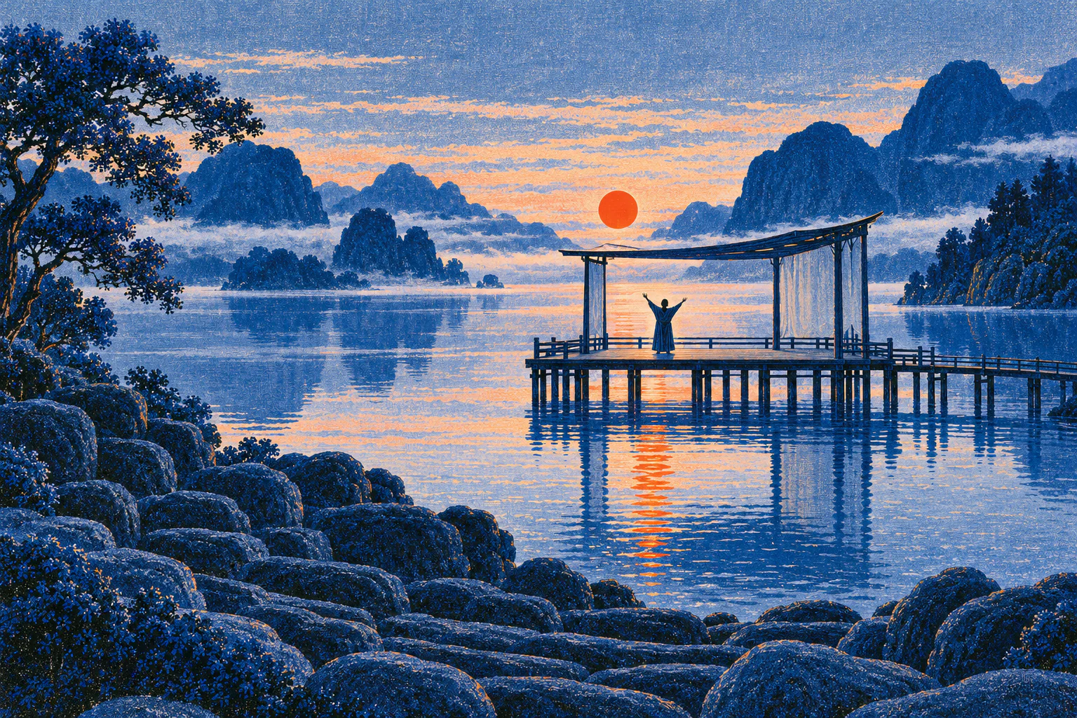 A wooden roofed stage on stilts over a lake at dusk. A lone actor raises his arms in a grand gesture. Behind him, the red sun shines like a spotlight. On the shore, round stones form an empty audience.
