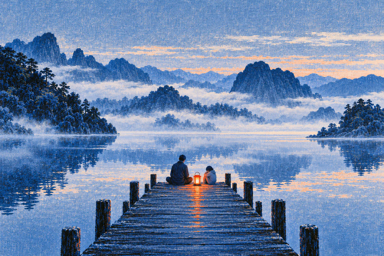 A long wooden dock over a misty lake. At its end, an adult sits cross-legged next to a small child. Not pulling, not forcing a hug, just staying close. A red lantern glows between them.