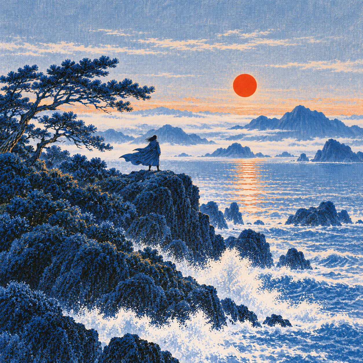 A lone figure stands firmly on a rocky headland in strong wind, coat and hair flapping. Waves crash below. The red sun burns bright over the sea.