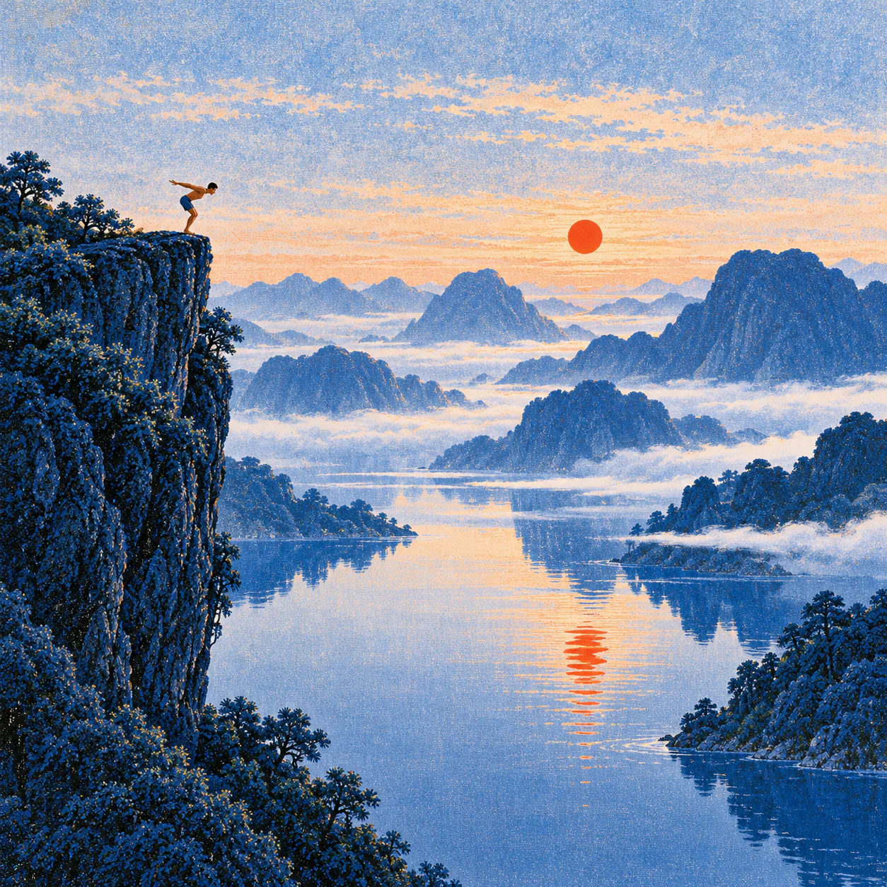 A small figure stands on the edge of a high cliff above a deep lake at sunrise, ready to jump. Below, calm water reflects the red sun.