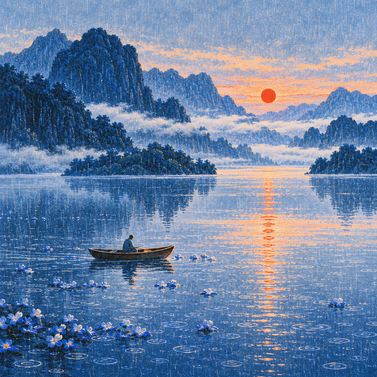 Gentle rain falls on a calm lake at sunset. A figure sits in a boat with head slightly bowed, blue flowers floating all around. The red sun glows softly through the rain.