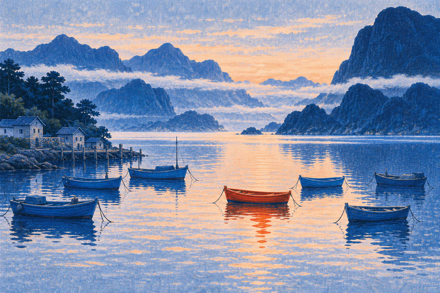 A small harbor in a mountain bay at dawn. A few wooden boats rest calmly on the water, one red and the rest blue. The water beneath them glows with peach light.