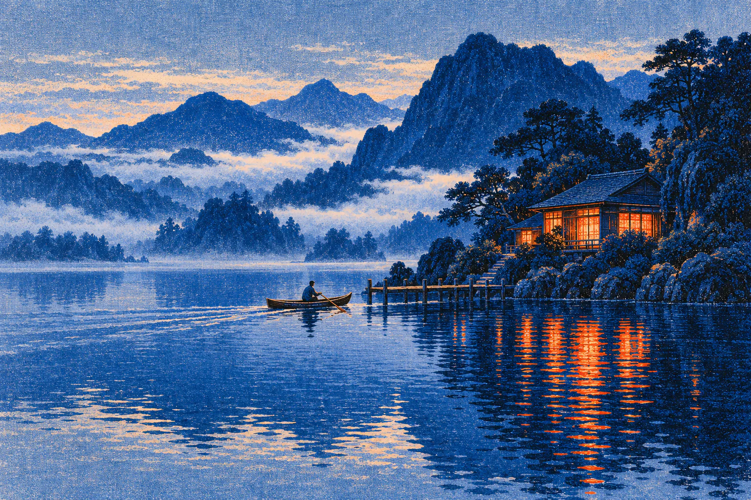 A wooden house by a dark blue lake at nightfall. Every window glows with warm orange light that is reflected in the water. A boat with one rower is pulling up to the dock.