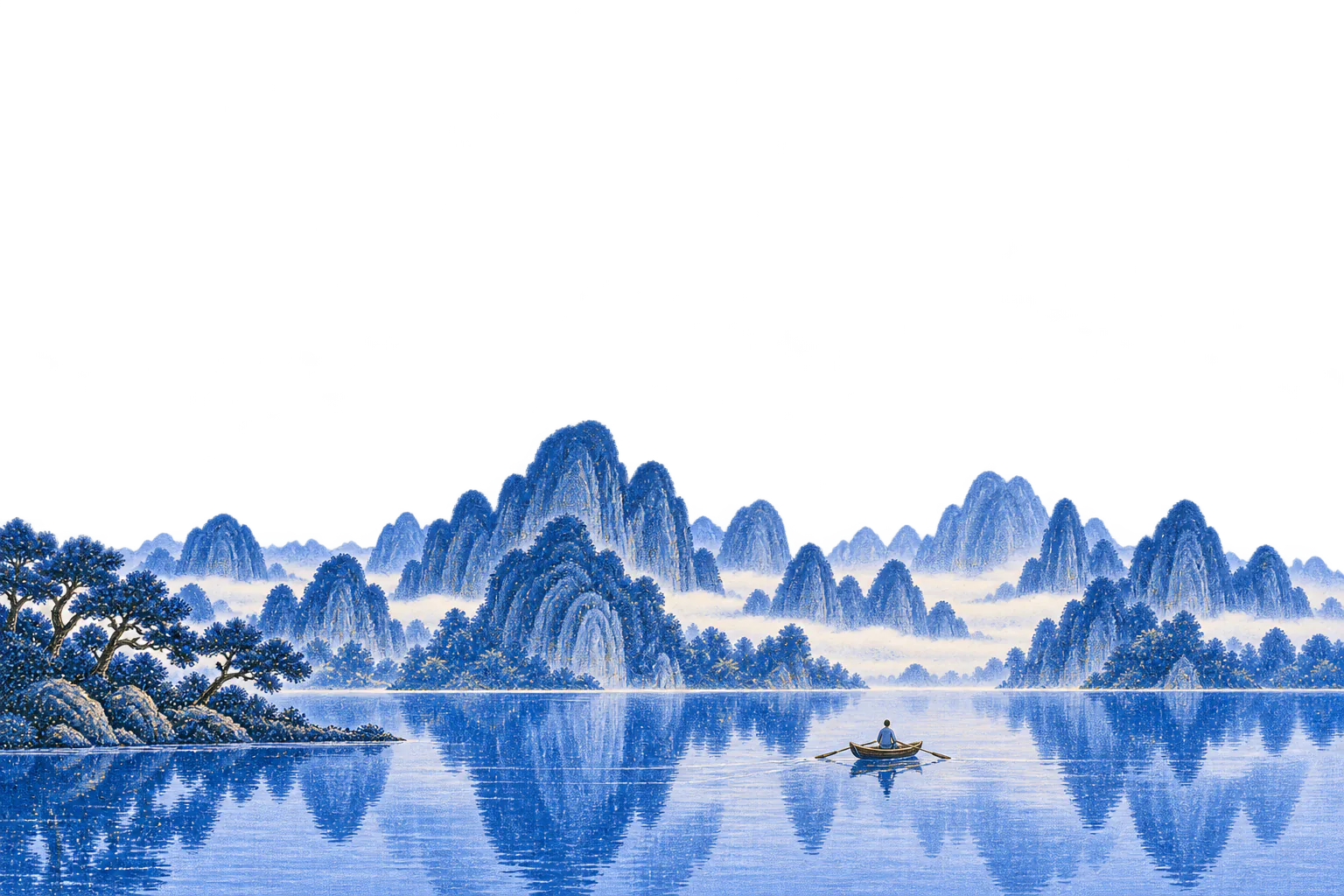A wide, calm lake between blue mountains in the mist. On the water, a small wooden boat with one person. A red sun sets behind the mountains.