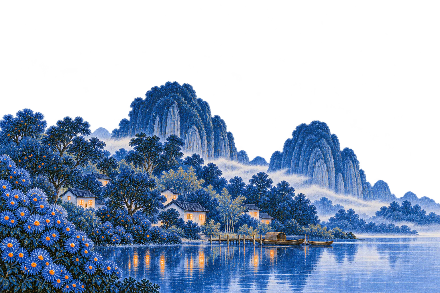 A lakeside village at dusk: wooden houses with warmly lit windows, a dock with boats, dense trees and mountains. Blue asters in the foreground.